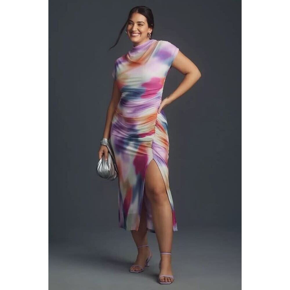 Anthropologie Maya Ruched Cowl Neck Dress Mesh Edition Size 1X Pink Combo